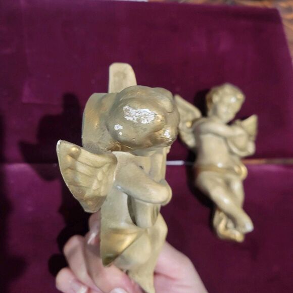 Vintage Cherub Pair Chalk Ware Plaster Wall Decor Hollywood Regency Gold Tone MC - Picture 13 of 16